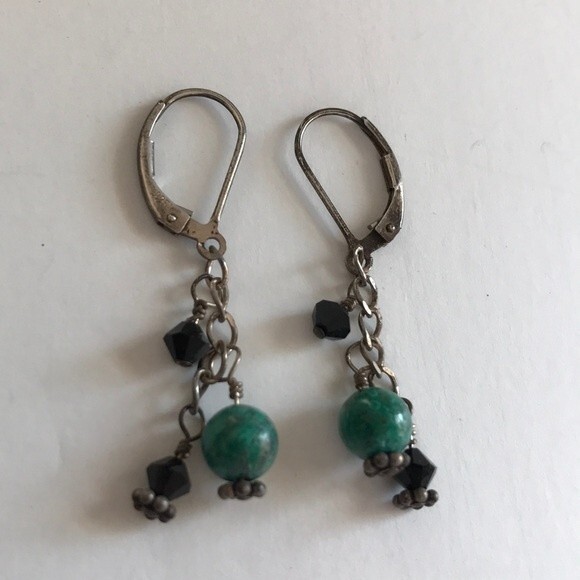 Vintage Handmade Chrysocolla Gemstone Sterling Silver Swarovski Lever Earrings - Picture 2 of 6